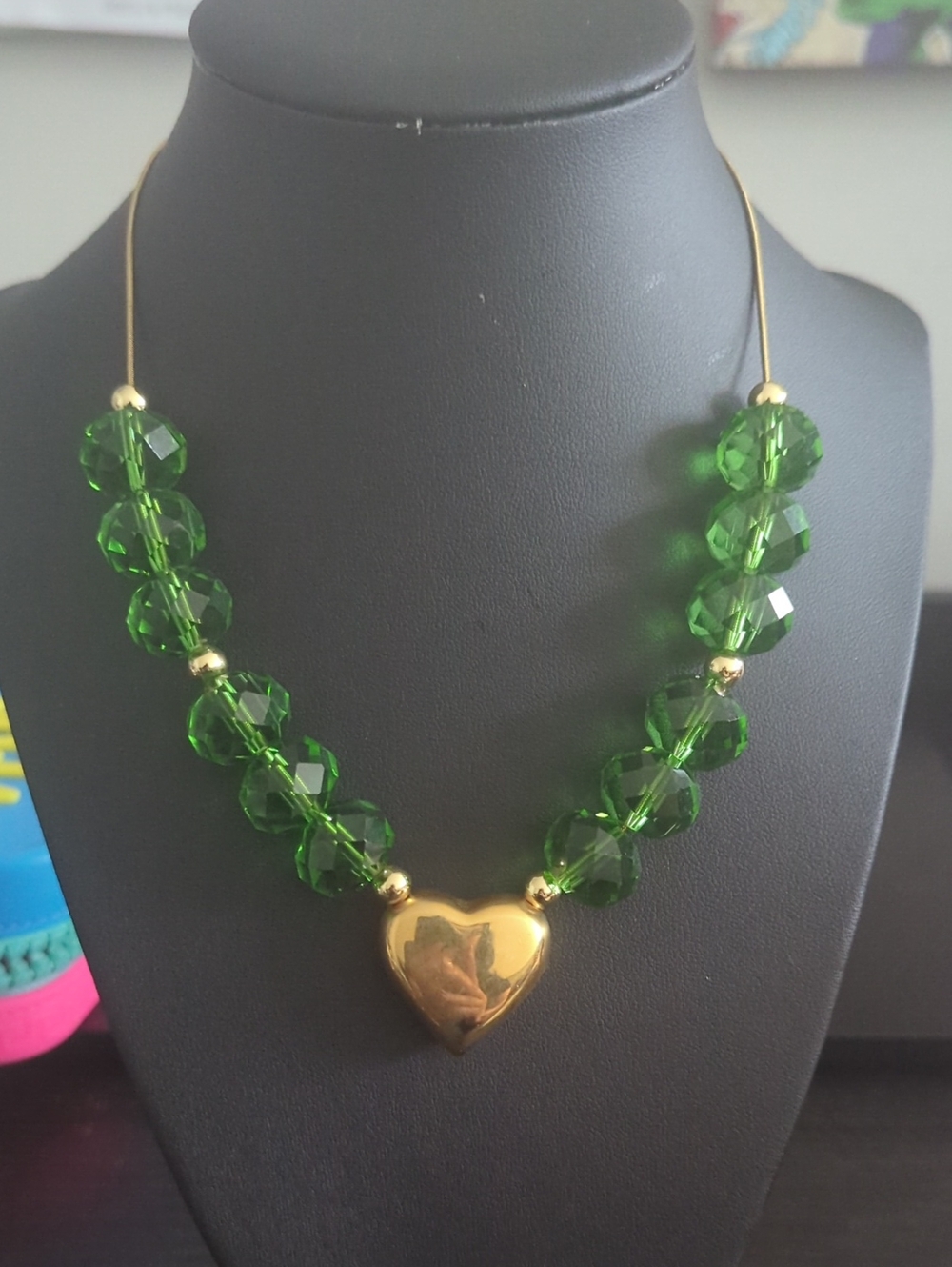 Gold Heart Pendant Necklace with Green Faceted Beads - Women Jewelry